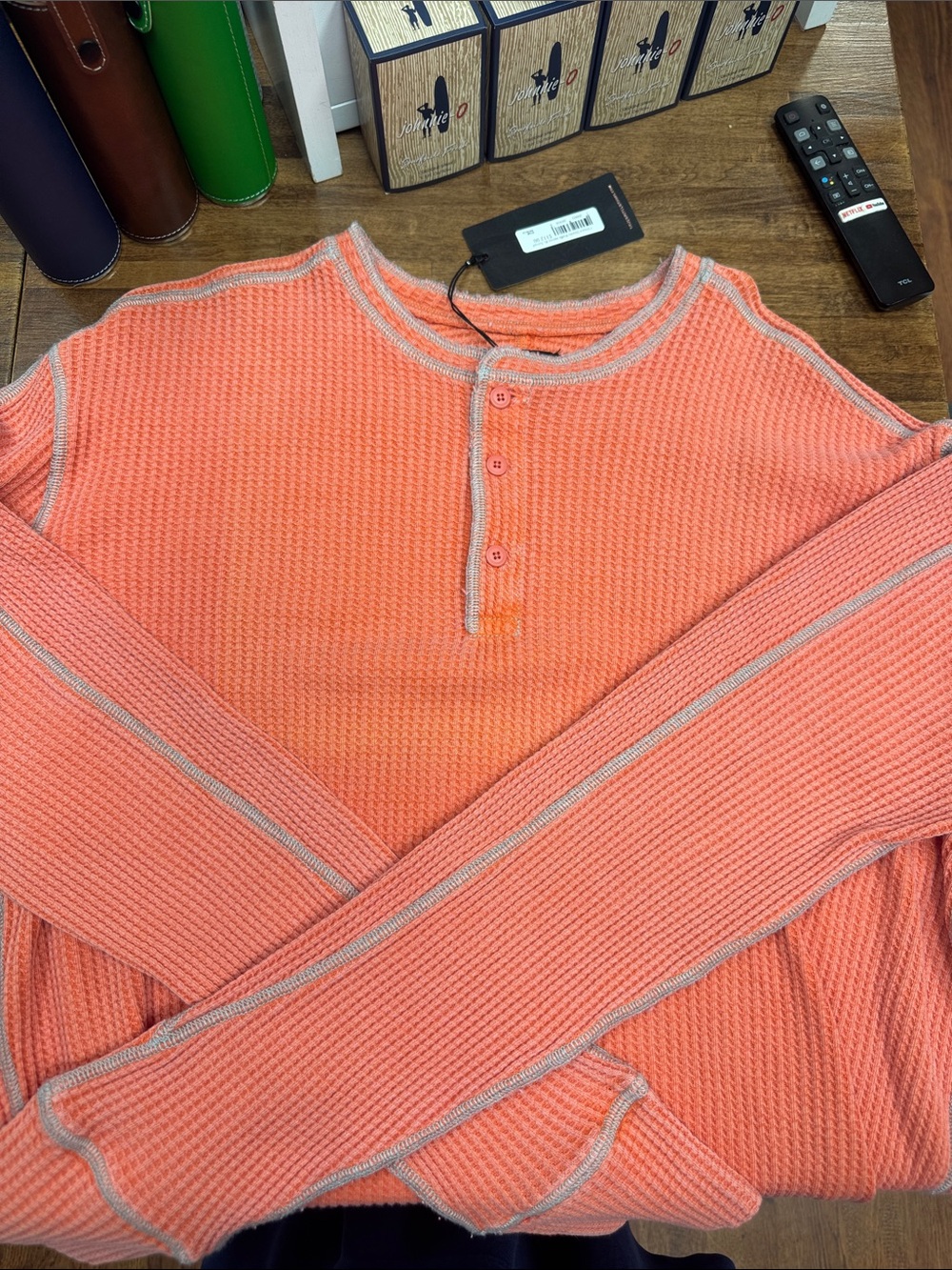 True Grit Coral Orange Waffle Henley with Light Trim